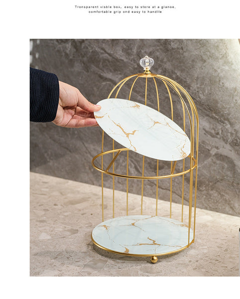 Gold And Black Elegant 2 Tier Birdcage Cosmetic Organizer Wrought Iron Countertop Storage Rack For Skincare Makeup & Jewelry Makeup Bags & Cases