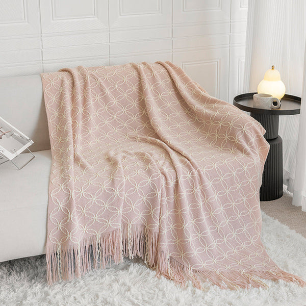 Pink Cozy Geometric Knitted Throw Blanket With Tassels Soft Acrylic Decorative Sofa & Bed Cover 130X180cm Throws & Afghans