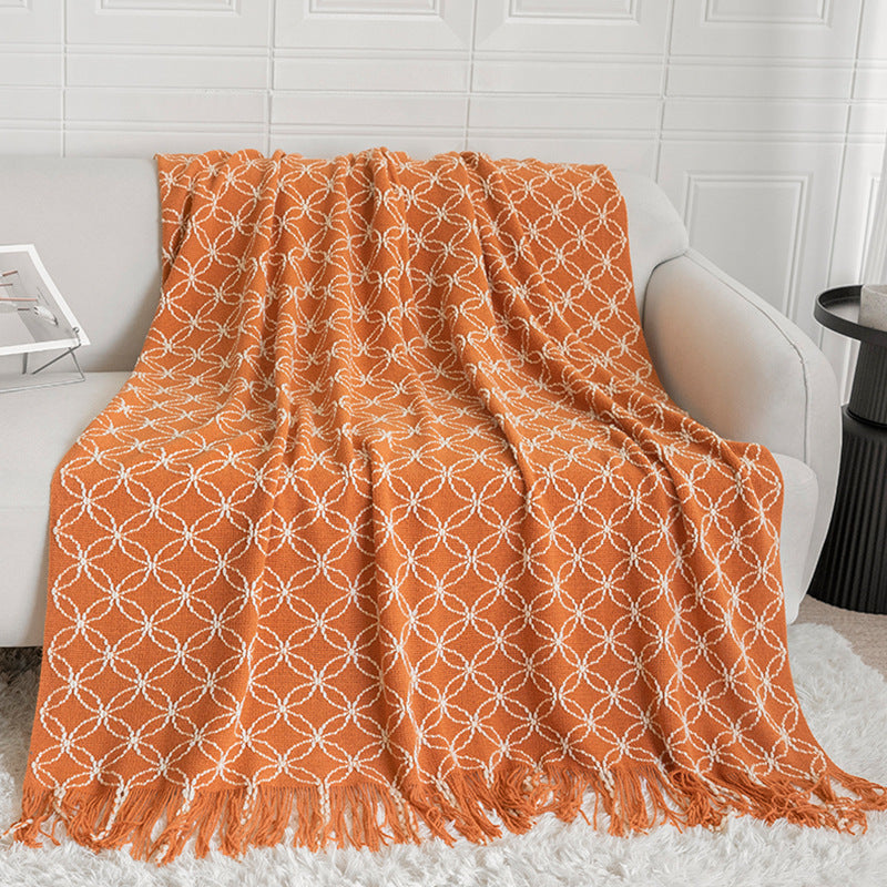 Orange Cozy Geometric Knitted Throw Blanket With Tassels Soft Acrylic Decorative Sofa & Bed Cover 130X180cm Throws & Afghans