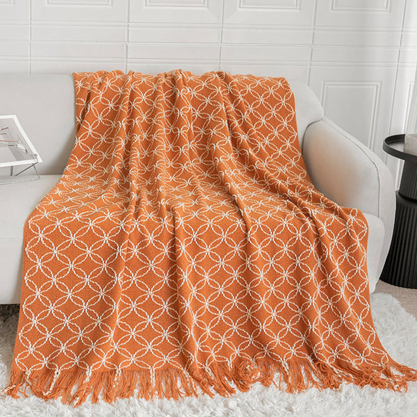 Orange Cozy Geometric Knitted Throw Blanket With Tassels Soft Acrylic Decorative Sofa & Bed Cover 130X180cm Throws & Afghans