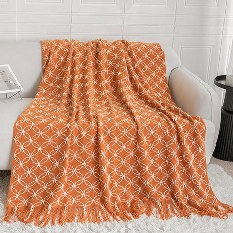 Orange Cozy Geometric Knitted Throw Blanket With Tassels Soft Acrylic Decorative Sofa & Bed Cover 130X180cm Throws & Afghans