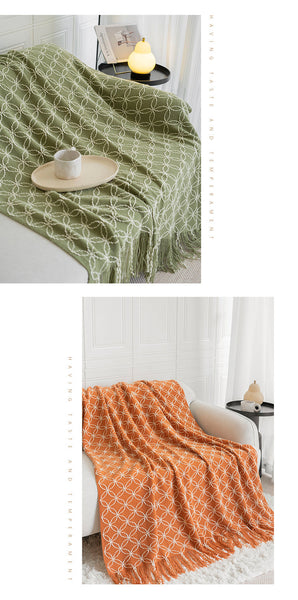 Orange Cozy Geometric Knitted Throw Blanket With Tassels Soft Acrylic Decorative Sofa & Bed Cover 130X180cm Throws & Afghans