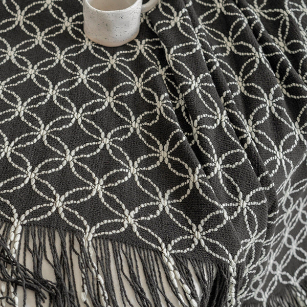 Orange Cozy Geometric Knitted Throw Blanket With Tassels Soft Acrylic Decorative Sofa & Bed Cover 130X180cm Throws & Afghans