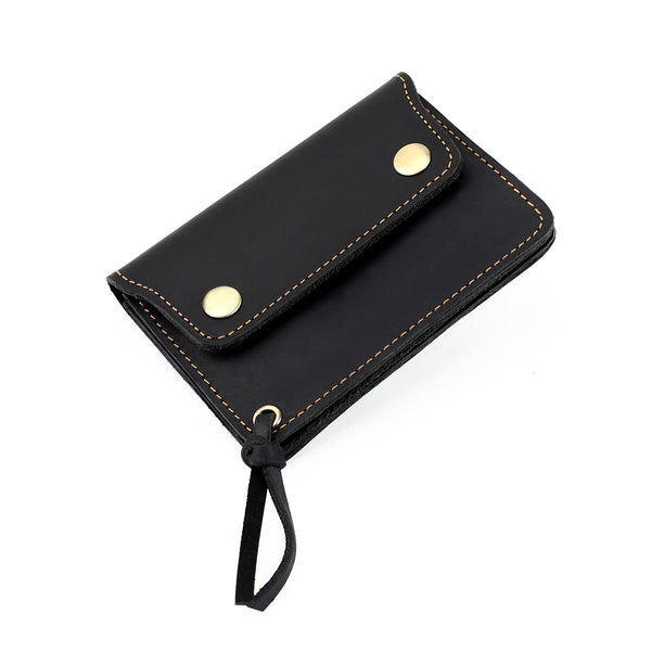 Black Handmade Crazy Horse Leather Wallet Compact Card Holder & Zippered Coin Purse With Snap Closure Wallets