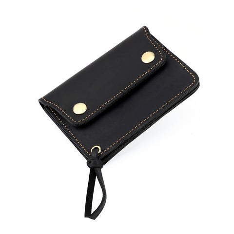 Black Handmade Crazy Horse Leather Wallet Compact Card Holder & Zippered Coin Purse With Snap Closure Wallets