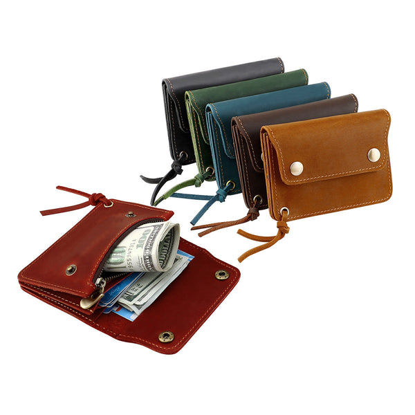 Green Handmade Crazy Horse Leather Wallet Compact Card Holder & Zippered Coin Purse With Snap Closure Wallets