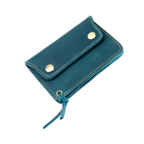 Blue Handmade Crazy Horse Leather Wallet Compact Card Holder & Zippered Coin Purse With Snap Closure Wallets