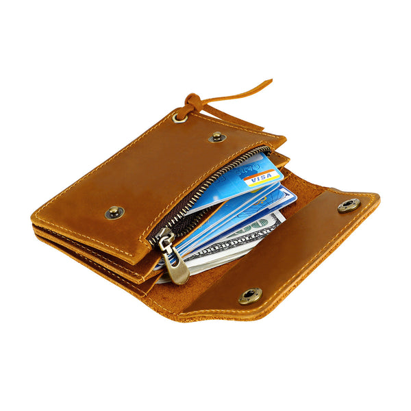 Blue Handmade Crazy Horse Leather Wallet Compact Card Holder & Zippered Coin Purse With Snap Closure Wallets