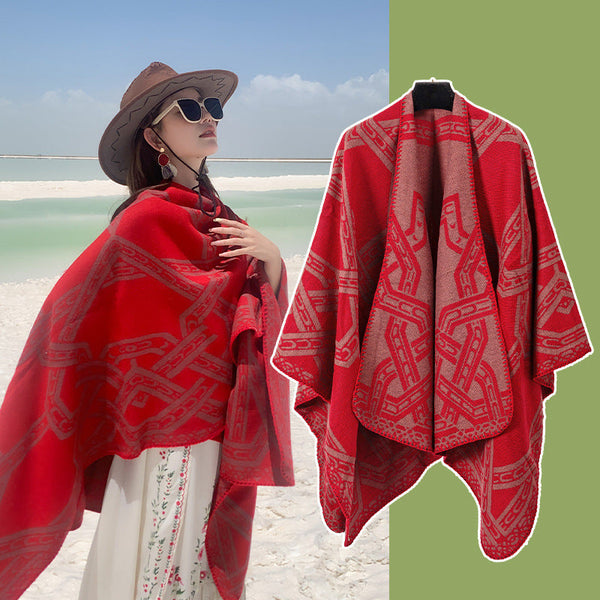 Red Bohemian Ethnic Print Blanket Poncho Warm Windproof Oversized Shawl Wrap 130X150cm Scarves & Wraps