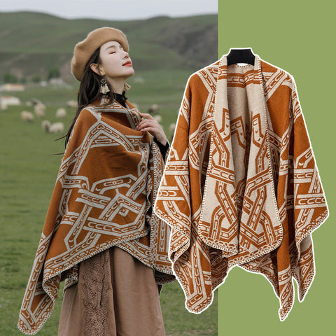 Brown Bohemian Ethnic Print Blanket Poncho Warm Windproof Oversized Shawl Wrap (130X150cm) Scarves & Wraps