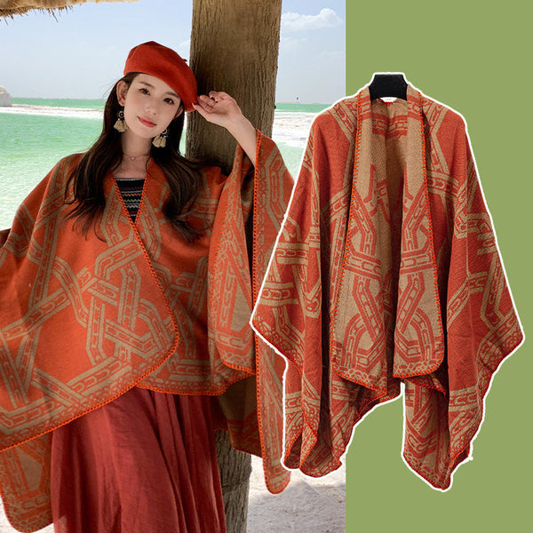 130X150cm Orange Bohemian Ethnic Print Blanket Poncho Warm Windproof Oversized Shawl Wrap Scarves & Wraps