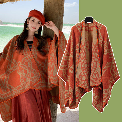 130X150cm Orange Bohemian Ethnic Print Blanket Poncho Warm Windproof Oversized Shawl Wrap Scarves & Wraps
