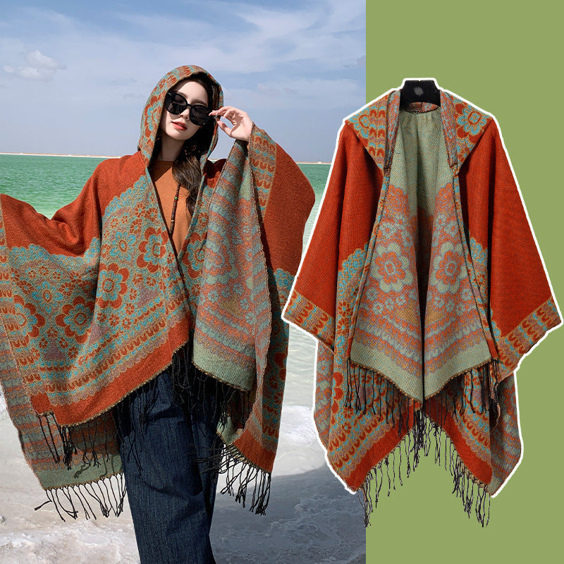 Orange Soft Faux Cashmere Poncho Cape Oversized Winter Shawl Wrap (130X150cm) Scarves & Wraps
