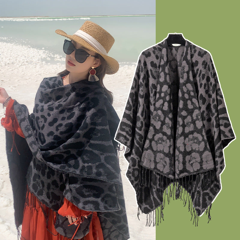 Black Grey Bold Leopard Print Poncho Cape Women's Warm Oversized Shawl Wrap (130X150cm) Scarves & Wraps