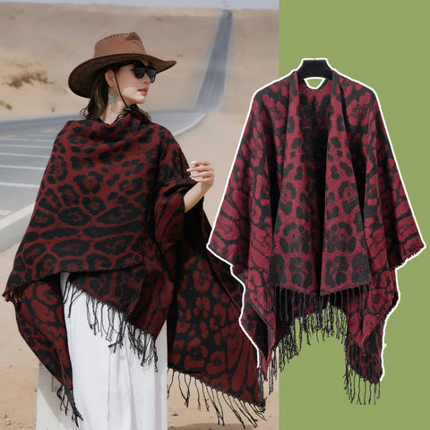 Elosung Wine Red Bold Leopard Print Poncho Cape Women's Warm Oversized Shawl Wrap (130X150cm) Scarves & Wraps