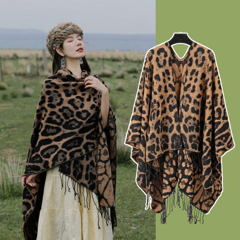 Khaki Bold Leopard Print Poncho Cape Womens Warm Oversized Shawl Wrap 130X150cm Scarves & Wraps