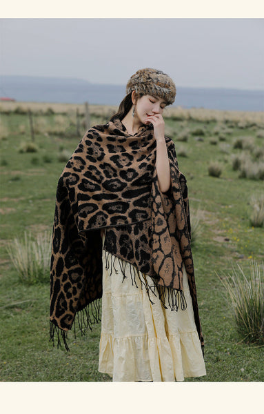 Khaki Bold Leopard Print Poncho Cape Womens Warm Oversized Shawl Wrap 130X150cm Scarves & Wraps