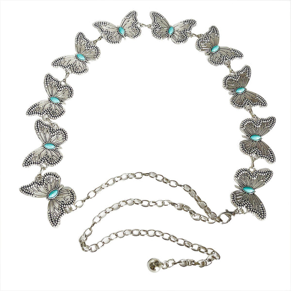 Set Of 4 Turquoise Butterfly Belt Chain Silver Bohemian Ethnic Style Metal Waist Chains Body Chains