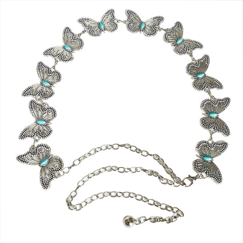 Set Of 4 Turquoise Butterfly Belt Chain Silver Bohemian Ethnic Style Metal Waist Chains Body Chains