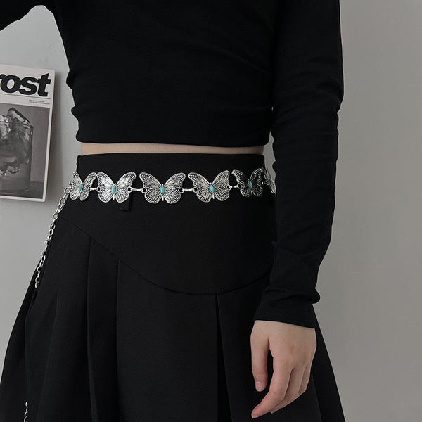 Set Of 4 Turquoise Butterfly Belt Chain Silver Bohemian Ethnic Style Metal Waist Chains Body Chains