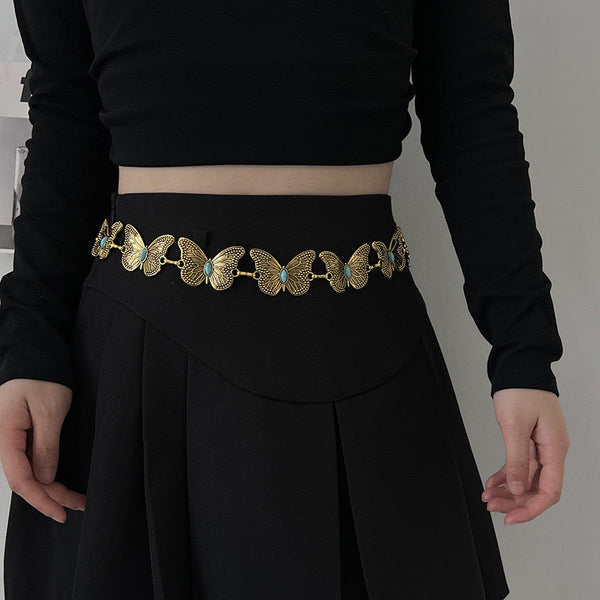 Set Of 4 Turquoise Butterfly Belt Chain Bohemian Ethnic Style Metal Waist Chains Gold Body Chains