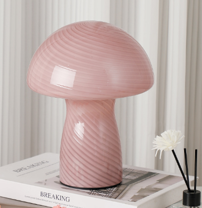 Stripe Pure Leather Pink Retro Swirl Glass Mushroom Table Lamp Led Bedside Night Light Night Lights