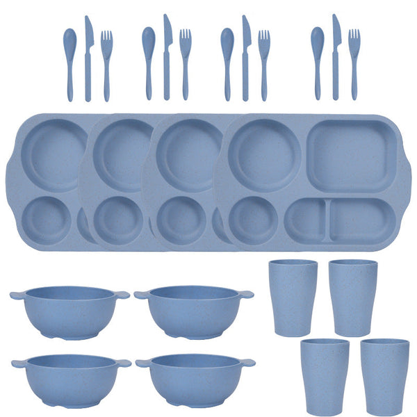 Blue Durable Eco Friendly Wheat Straw Dinnerware Set 24 Pieces With Plates Bowls Cups & Cutlery Cutlery Sets