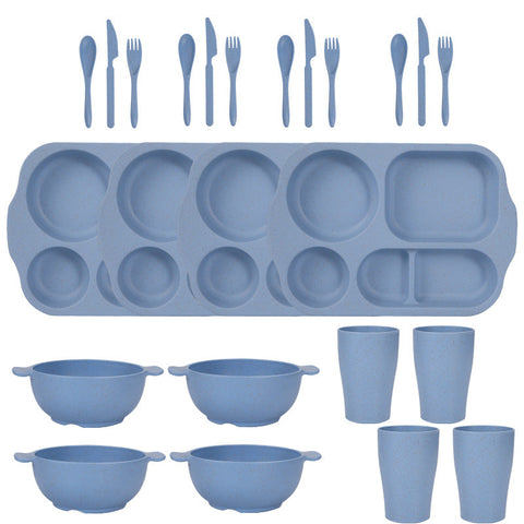Blue Durable Eco Friendly Wheat Straw Dinnerware Set 24 Pieces With Plates Bowls Cups & Cutlery Cutlery Sets