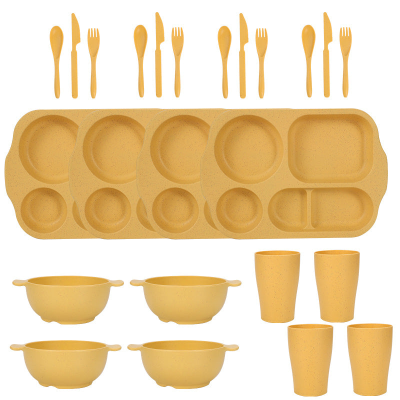 24 Pieces With Plates Bowls Cups Cutlery Wheat Straw Dinnerware Set Yellow Cutlery Sets