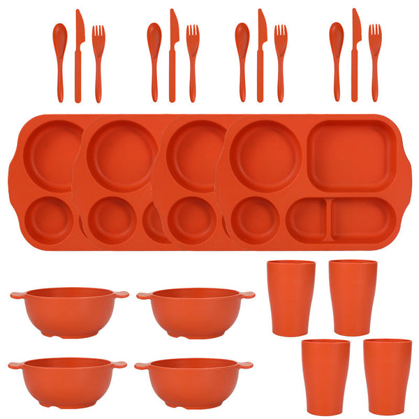 Orange Durable Eco Friendly Wheat Straw Dinnerware Set 24 Pieces With Plates Bowls Cups & Cutlery Cutlery Sets