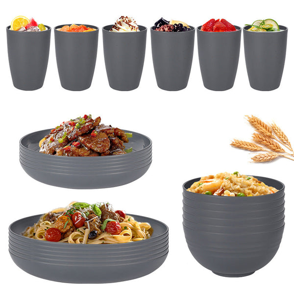 24 Pieces Stylish Dark Grey Wheat Straw Dinnerware Set Including Plates Bowls & Cups Dinner Sets