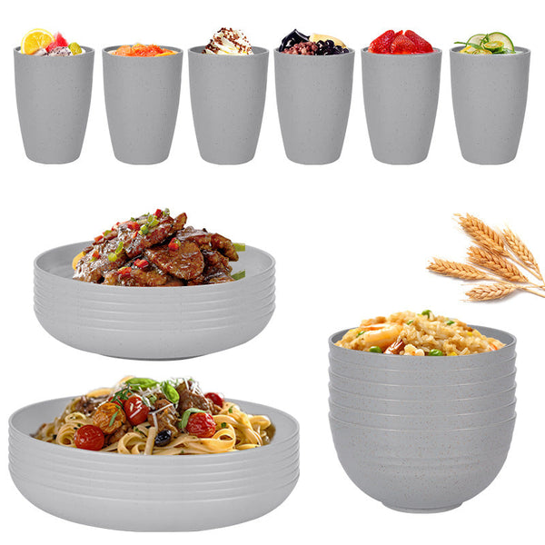 24 Pieces Stylish Light Grey Wheat Straw Dinnerware Set Including Plates Bowls & Cups Dinner Sets