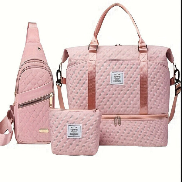 Pink Stylish 3 Piece Quilted Travel Bag Set Weekender Duffel With Shoe Compartment Sling Cosmetic Pouch Duffle Bags