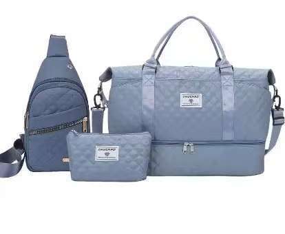 Blue Stylish 3 Piece Quilted Travel Bag Set Weekender Duffel With Shoe Compartment Sling & Cosmetic Pouch Duffle Bags