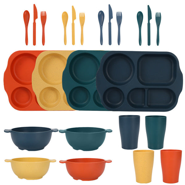 Macaron 4 Colours Durable Eco Friendly Wheat Straw Dinnerware Set 24 Pieces With Plates Bowls Cups & Cutlery Cutlery Sets
