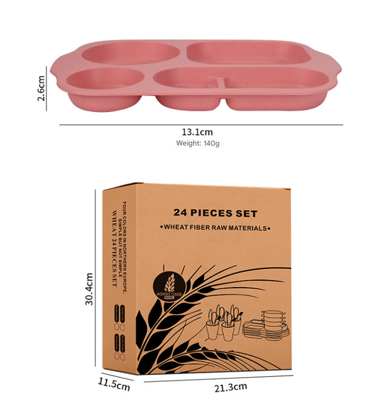 Macaron 4 Colours Durable Eco Friendly Wheat Straw Dinnerware Set 24 Pieces With Plates Bowls Cups & Cutlery Cutlery Sets