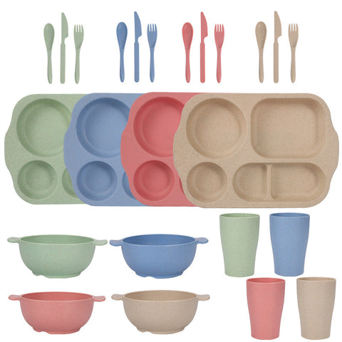 Scandinavian 4 Colour Durable Eco Friendly Wheat Straw Dinnerware Set 24 Pieces With Plates Bowls Cups Cutlery Cutlery Sets