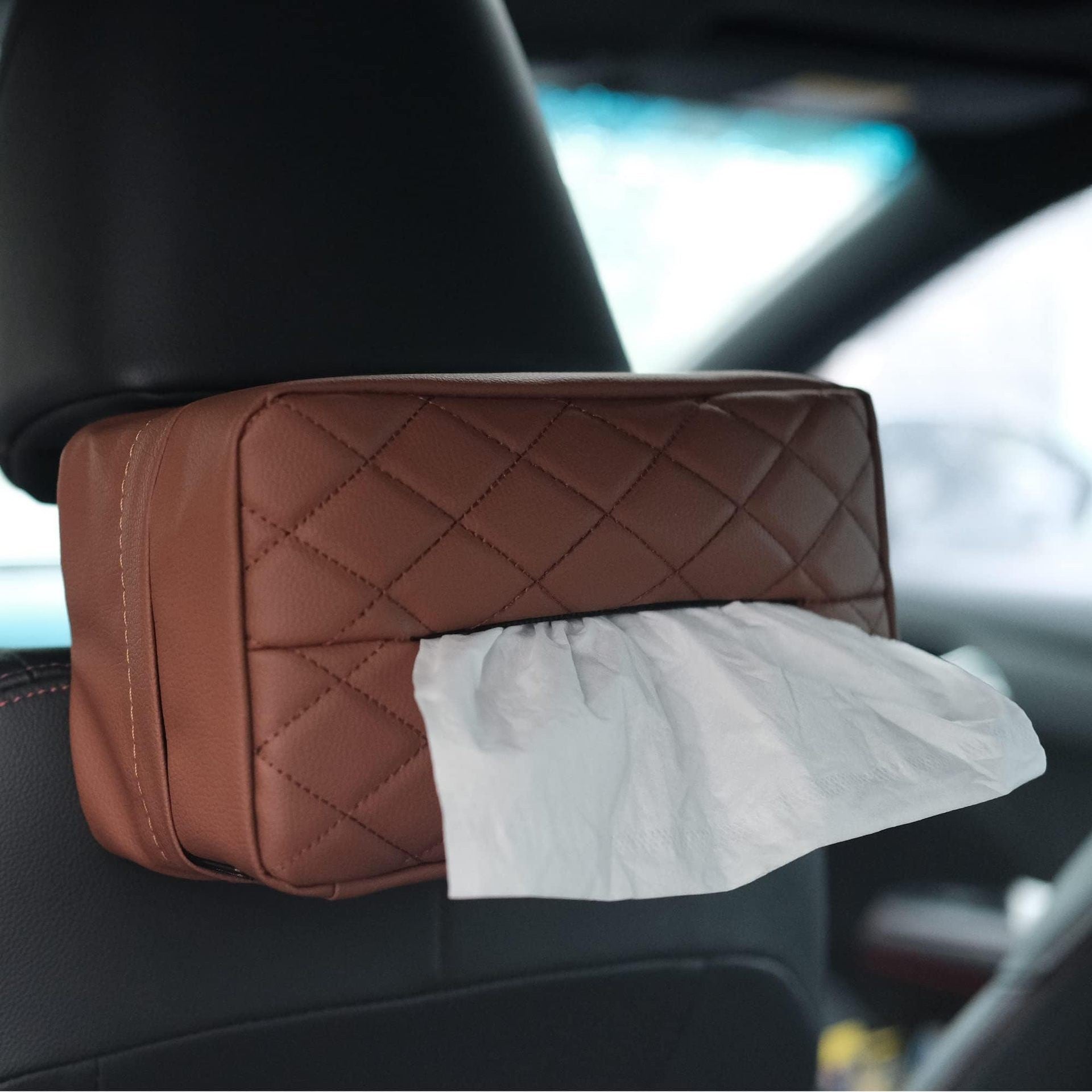 Brown Universal Leather Car Tissue Box Holder Visor Armrest & Seat Back Mount Other Interior