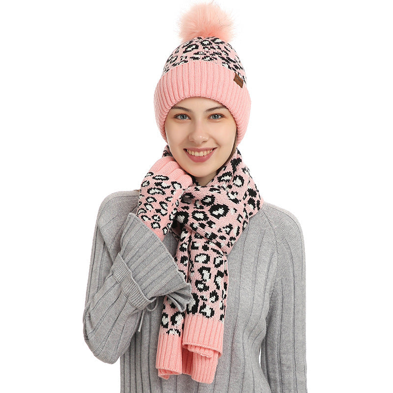 Pink Womens Leopard Print Winter Warm Knit Set 3 Piece Fleece Lined Hat Scarf Gloves Scarves & Wraps