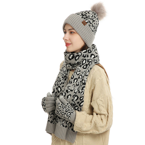 Grey Women's Leopard Print Winter Warm Knit Set 3 Piece Fleece Lined Hat Scarf & Gloves Scarves & Wraps