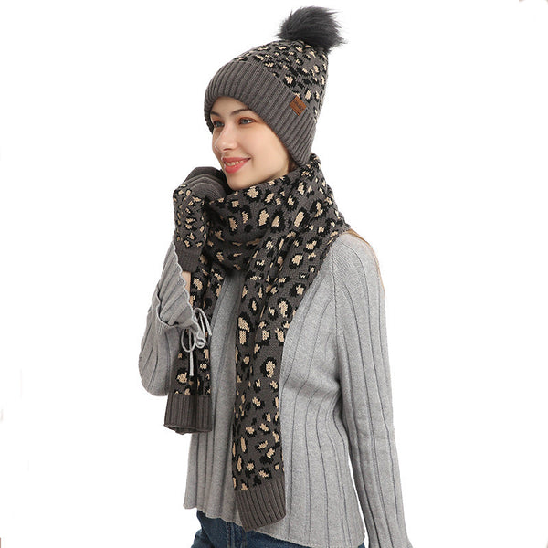 Dark Grey Women's Leopard Print Winter Warm Knit Set 3 Piece Fleece Lined Hat Scarf & Gloves Scarves & Wraps