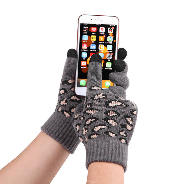 Dark Grey Women's Leopard Print Winter Warm Knit Set 3 Piece Fleece Lined Hat Scarf & Gloves Scarves & Wraps