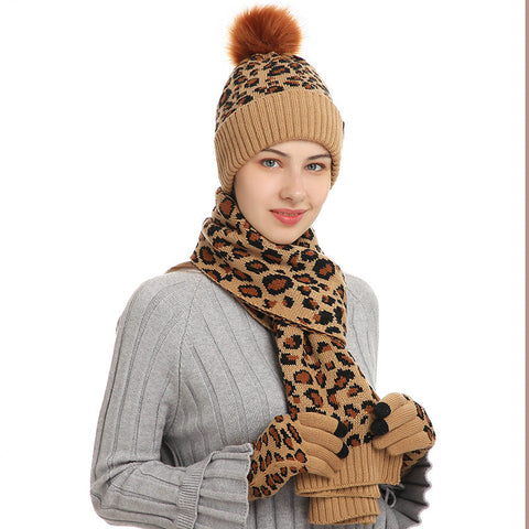 Khaki Women's Leopard Print Winter Warm Knit Set 3 Piece Fleece Lined Hat Scarf Gloves Scarves & Wraps