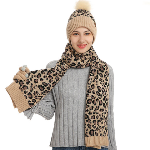 Beige Women's Leopard Print Winter Warm Knit Set 3 Piece Fleece Lined Hat Scarf & Gloves Scarves & Wraps