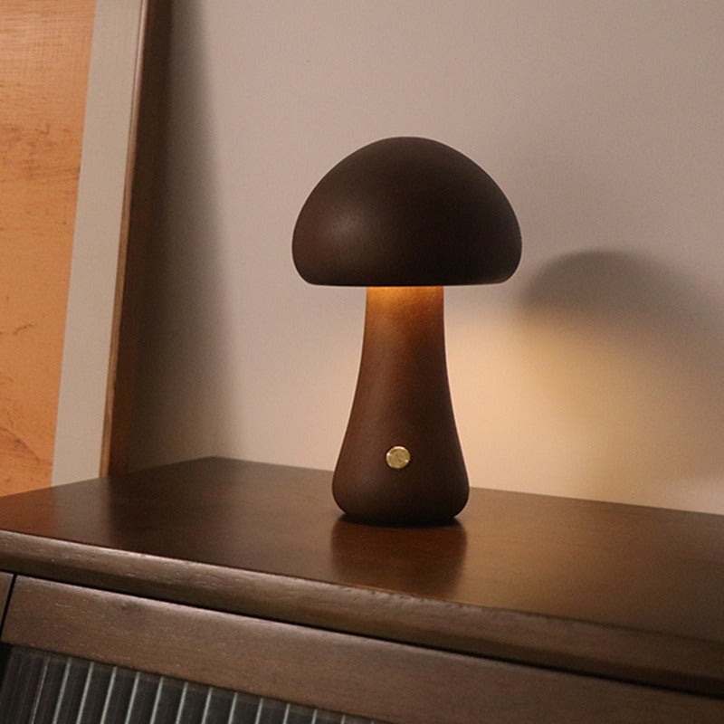 Dark Brown Solid Wood Mushroom Led Table Lamp Rechargeable Touch Control Bedside Night Light (Large) Night Lights