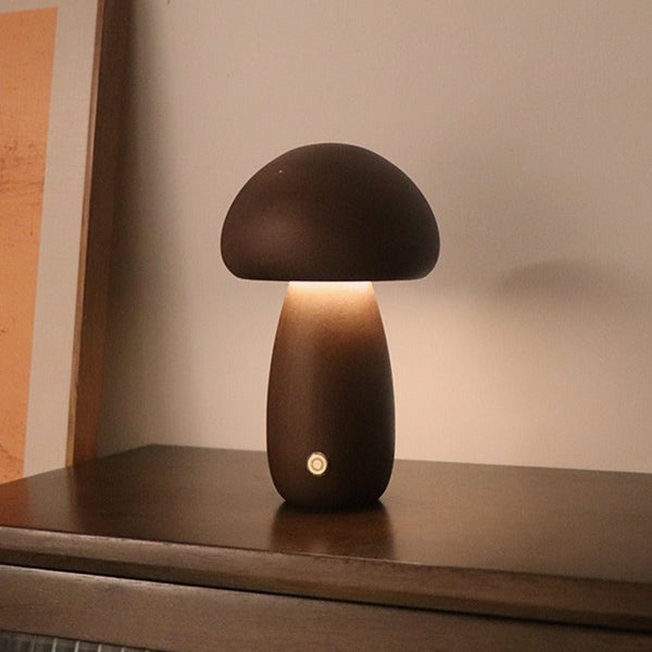 Dun Model Dark Brown Solid Wood Mushroom Led Table Lamp Rechargeable Touch Control Bedside Night Light (Large) Night Lights
