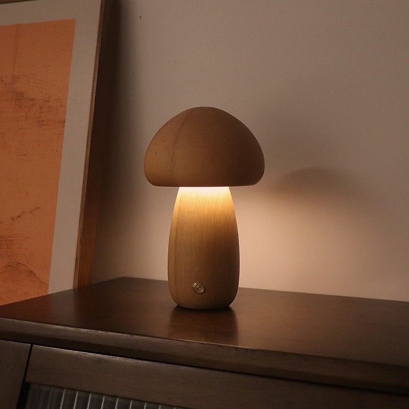 Dun Model Brown Solid Wood Mushroom Led Table Lamp Rechargeable Touch Control Bedside Night Light (Large) Night Lights