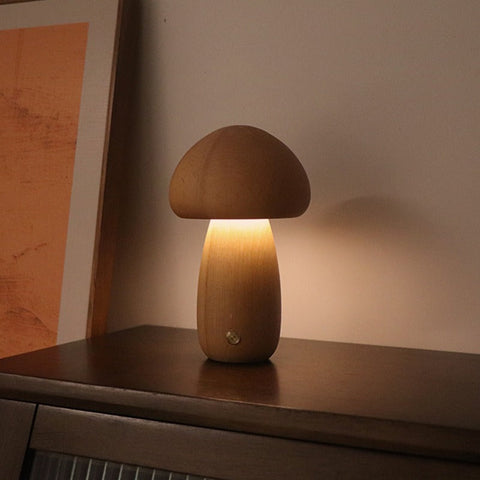 Dun Model Brown Solid Wood Mushroom Led Table Lamp Rechargeable Touch Control Bedside Night Light (Large) Night Lights