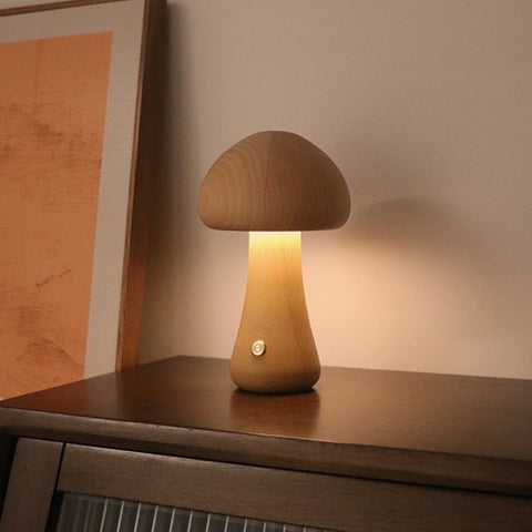 Brown Solid Wood Mushroom Led Table Lamp Rechargeable Touch Control Bedside Night Light (Large) Night Lights