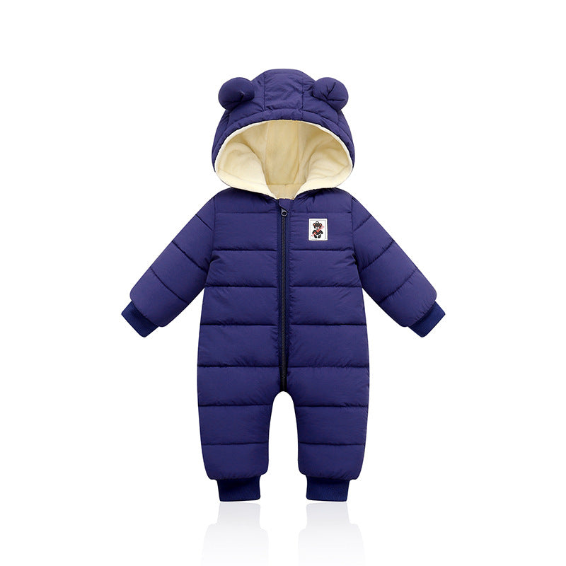 Dark Blue Little One Hooded Padded Snowsuit Fleece Lined Winter Romper Outerwear Suitable Height 73Cm Kids Outerwear